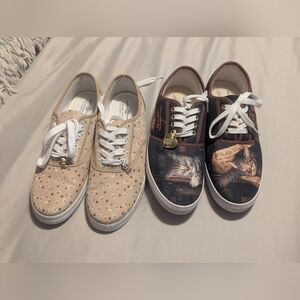 Cute Cat Print & Floral Canvas Sneakers - Beige & Brown